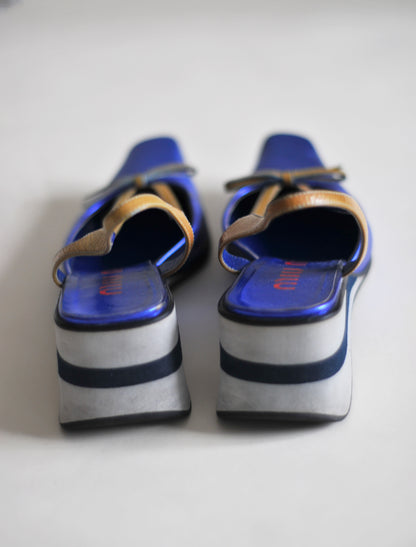 Miu Miu metallic blue platforms